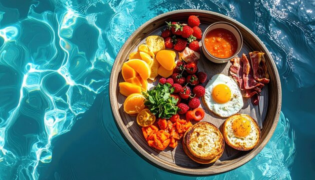 Sumptuous breakfast tray with fresh fruits fried eggs bacon and muffins floats on bright blue water with sunlit ripples