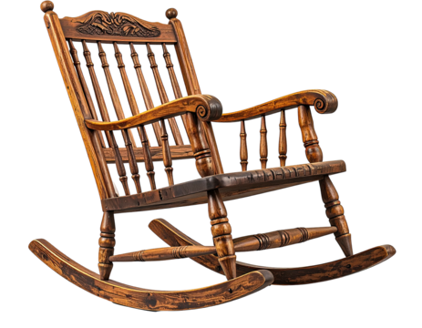 Rustic wooden rocking chair, ornate carvings