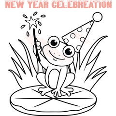 Cute cartoon frog celebrating New Year with party hat sparkler celebration
