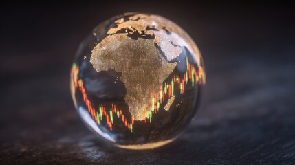 A glass globe displays the African continent lit up, surrounded by colorful stock market graphs. This scene symbolizes global finance and economic activity, highlighting Africas market presence.