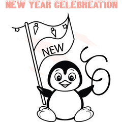 Cute cartoon penguin holding flag with the word NEW confetti falling new year celebration