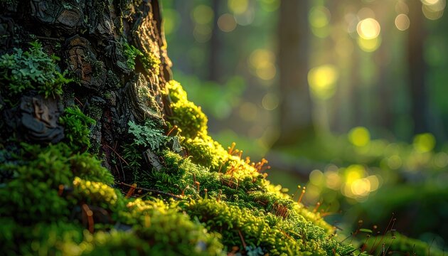 Sunlight filtering through forest canopy illuminates lush green moss on tree trunk and forest floor in a tranquil woodland scene during the day