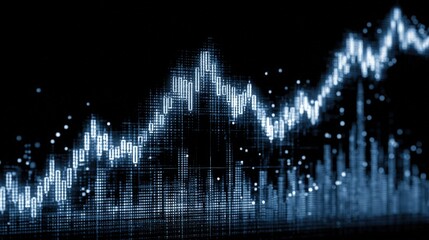 The graphic showcases an upward trend in stock market prices, highlighted with glowing lines and data points against a dark background. This represents market fluctuations over time.