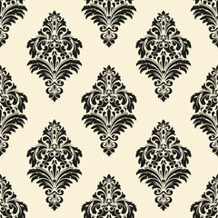 Seamless vintage damask pattern with black floral ornaments on a light background.