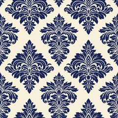 Seamless vintage damask pattern with blue ornamental floral elements.
