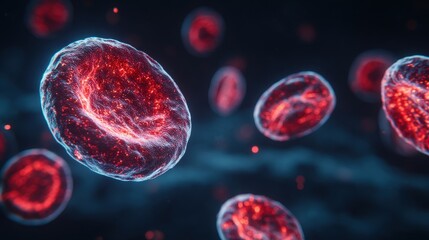 Naklejka premium Red glowing cells are suspended in dark space, appearing dynamic and interconnected. The bright edges highlight their structure and movement, creating an engaging visual of cellular life.