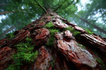 Fototapeta premium Tall tree trunk covered in moss in misty forest showcasing lush greenery and textures