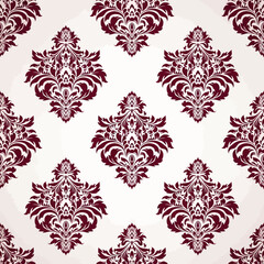 Seamless vintage damask pattern with red floral ornaments on a light background.