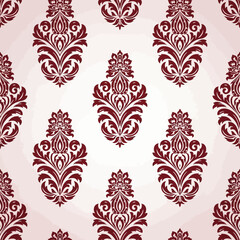 Seamless vintage damask pattern with ornate red floral motifs on a light background.