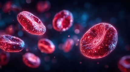Naklejka premium This scene highlights red blood cells floating in a dark space, displaying their unique shapes and vibrant colors. The cells are illuminated, emphasizing their details and intricacies.