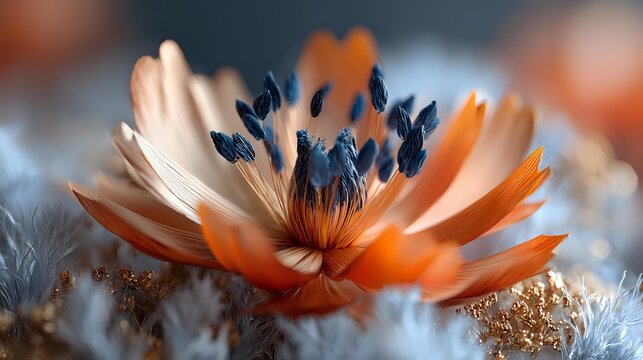 Delicate orange flower with dark blue center blooming among soft gray foliage, creating striking color contrast in dreamy macro photography.
