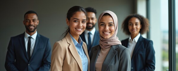 Diverse business people posing together in office. Men and women wear suits, shirts, ties. Professionals show confidence and teamwork spirit. Group smiles at camera.