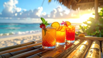 Three Colorful Tropical Cocktails on a Bamboo Table by the Ocean at Sunset with Golden Sunlight and Palm Leaves Overhead