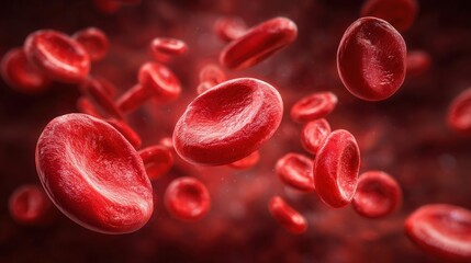 Red blood cells are shown moving through a vibrant digital bloodstream. The image highlights their shape and color against a blurred background, representing blood circulation.