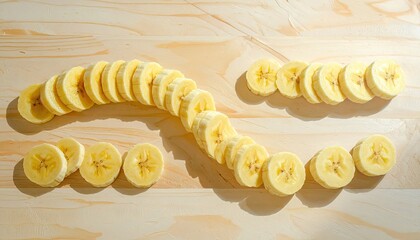 Sliced Bananas Arranged in a Wave Pattern on a Light Wooden Surface illuminated by Natural Sunlight Creating a Textured and Appealing Culinary Composition