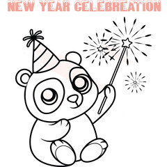 Cute panda in party hat holding sparkler with fireworks for New Year celebration