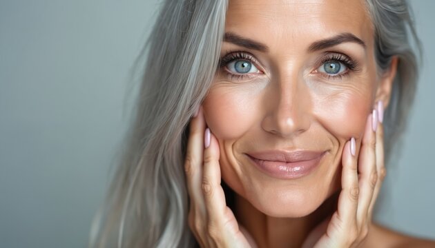 Mature woman gently touches face showing skin texture, wrinkles, and signs of aging. Her silver hair frames her face, blue eyes sparkle, conveying wisdom and beauty in natural light.