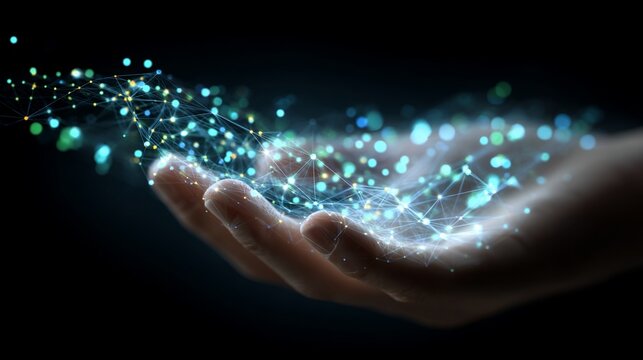 Hand holding glowing networked dots, futuristic, abstract connection