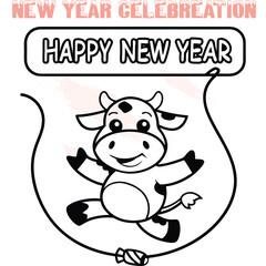 Happy cartoon cow jumping with rope celebrating New Year celebration