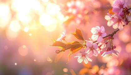 Soft Focus Close Up Of Delicate Pink Cherry Blossoms In Early Morning Sunlight With Bokeh Background And Golden Hour Lighting