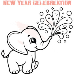 Happy cartoon elephant spraying water from its trunk with bubbles celebration new year
