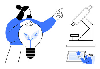 Person holding light bulb with plant design, pointing at microscope, and viewing tablet screen with star. Ideal for science, research, innovation, sustainability, education, creativity eco-friendly
