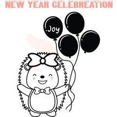 Happy cartoon hedgehog with bow balloons saying Joy for New Year celebration animal cute