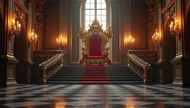 Ornate golden throne with red velvet sits atop grand stairs. A red carpet leads up to the royal chair in a palace hall. Elegant interior has checkered floor, tall window, golden chandeliers.