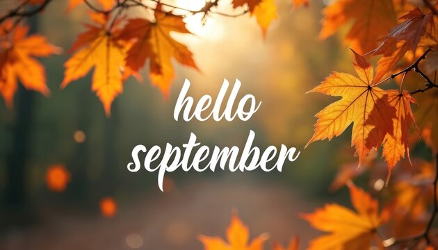Hello september text on vibrant autumn background. Bright orange maple leaves frame soft blurred scene. Golden light filters through fall foliage. Seasonal message for new month start. Warm, cozy