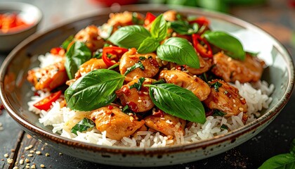 Spicy Chicken Stir Fry Served Over White Rice Garnished With Fresh Basil And Sliced Red Chili Peppers