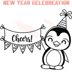 Happy cartoon penguin with party hat holding cheers banner bunting bird animal celebration