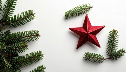Sparkling Red Star Ornament Festive Decoration With Evergreen Pine Branches On A White Textured Background Minimalist Christmas And New Year Celebration