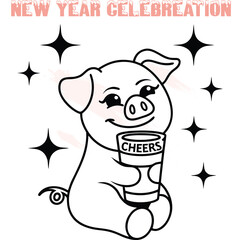 Happy cartoon pig holding cup with " Cheers" for New Year celebration animal cute