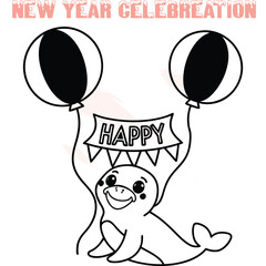 Happy cartoon seal holding balloons banner for New Year celebration