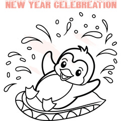 Playful cartoon penguin sliding ice with splashes for New Year celebration animal cute