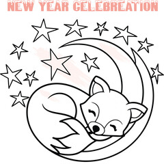 Sleeping cartoon fox curled up crescent moon surrounded by stars for New Year Celebration