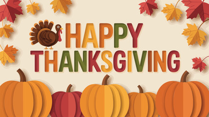 Happy thanksgiving greeting with festive turkey colorful autumn leaves and pumpkins on a light background