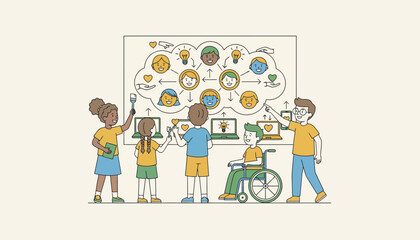 A diverse group of children creating a mural that illustrates kindness and inclusivity promoting a positive online environment.