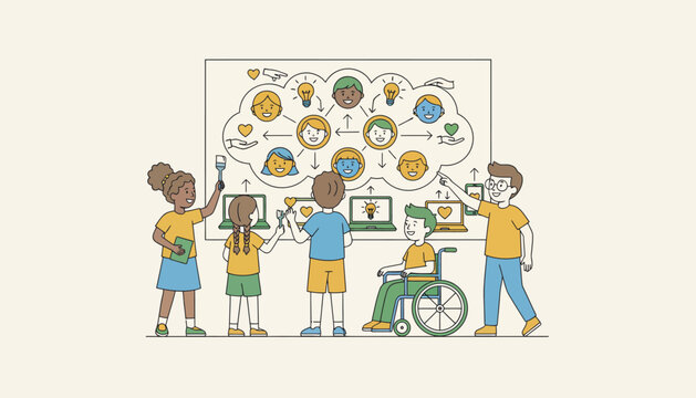 A diverse group of children creating a mural that illustrates kindness and inclusivity promoting a positive online environment.