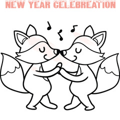 Two cute cartoon foxes dancing together with music notes animals celebration