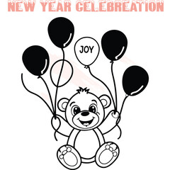 Happy teddy bear holding balloons with the word Joy for New Year celebration