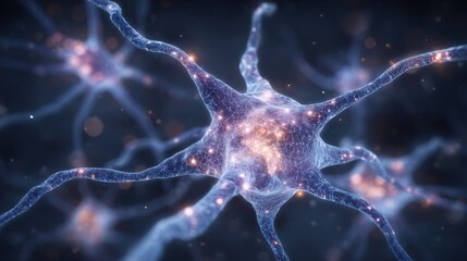The intricate structure of neurons, highlighting their connections and dynamic activity. The glowing synapses indicate communication between cells in the brain.