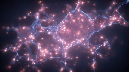 This scene displays an intricate network of glowing neurons set against a dark background. The bright nodes represent synapses, highlighting the complexity of neural connections.