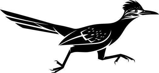 Cartoon roadrunner running in black and white style silhouette
