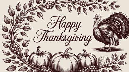 Elegant happy thanksgiving greeting card with a turkey pumpkins and decorative floral border
