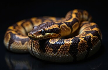 Obraz premium Close up of a coiled python snake on black surface showing detailed scales and skin texture. Reptile with brown and yellow patterns looks alert with its head raised.