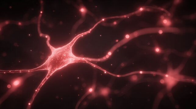 A close-up of a neuron illuminated in red, highlighting its intricate structure and branching neural connections. The backdrop suggests a dynamic neural environment.