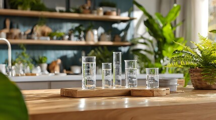 Glass test tubes on wooden stands in modern kitchen with green plants, creating scientific atmosphere for home experiments or decorative display.