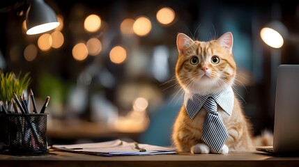 Ginger tabby cat wearing business tie sitting at office desk with blurred bokeh lights in background.