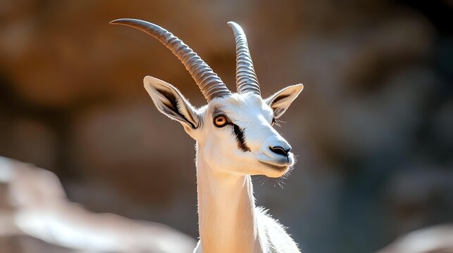 Close-up portrait of an elegant addax antelope with long spiral horns and distinctive white face against blurred natural background.